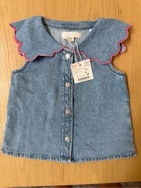 Zara Denim Button-Down Top with Scalloped Collar - Light Blue with Pink Trim